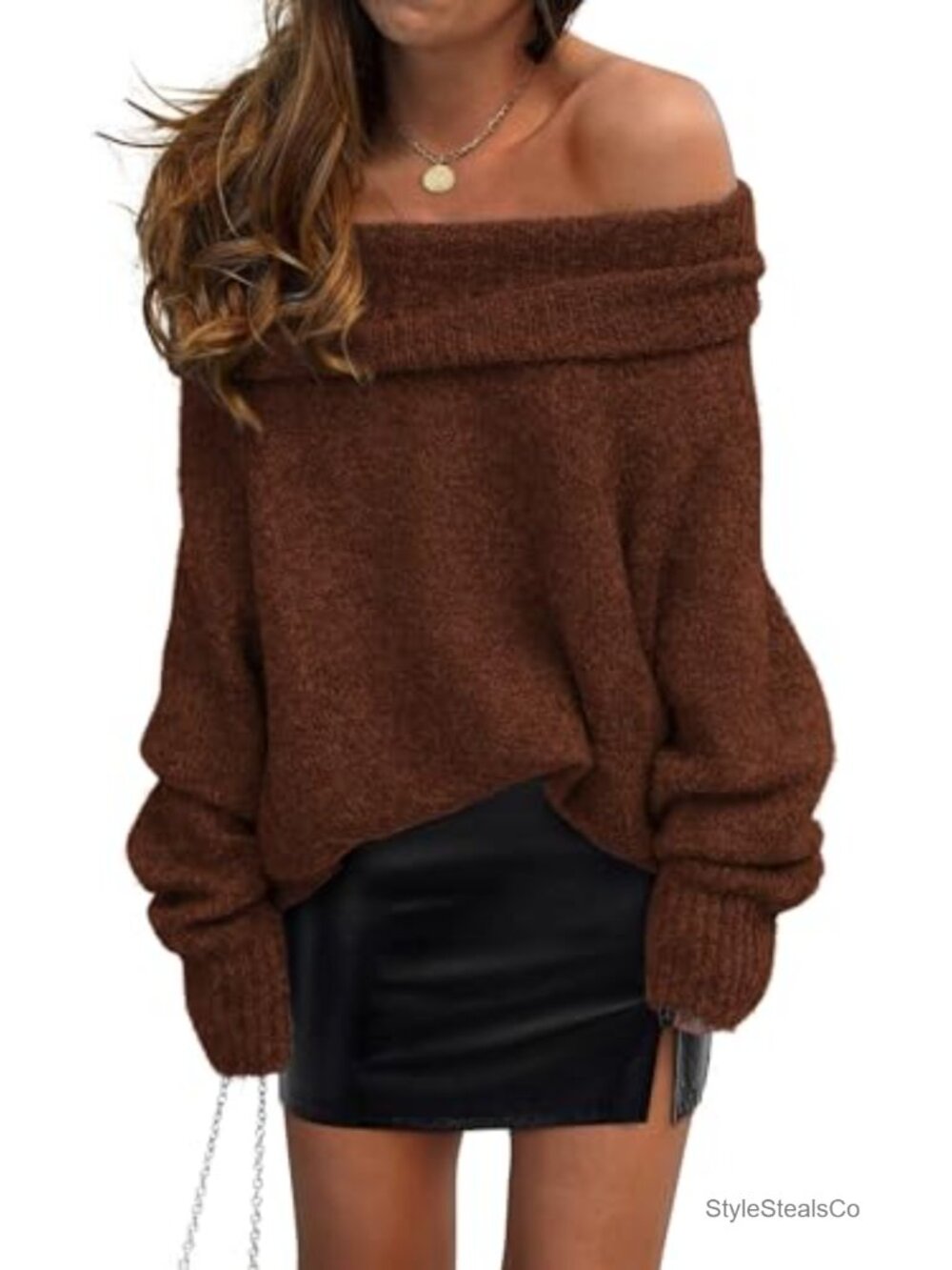 Off Shoulder Knit Pullover Sweater Long Sleeve Acrylic Blend